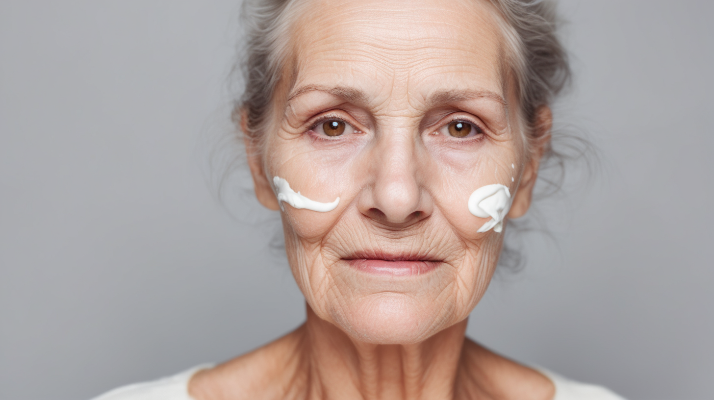 old woman putting cream on her face