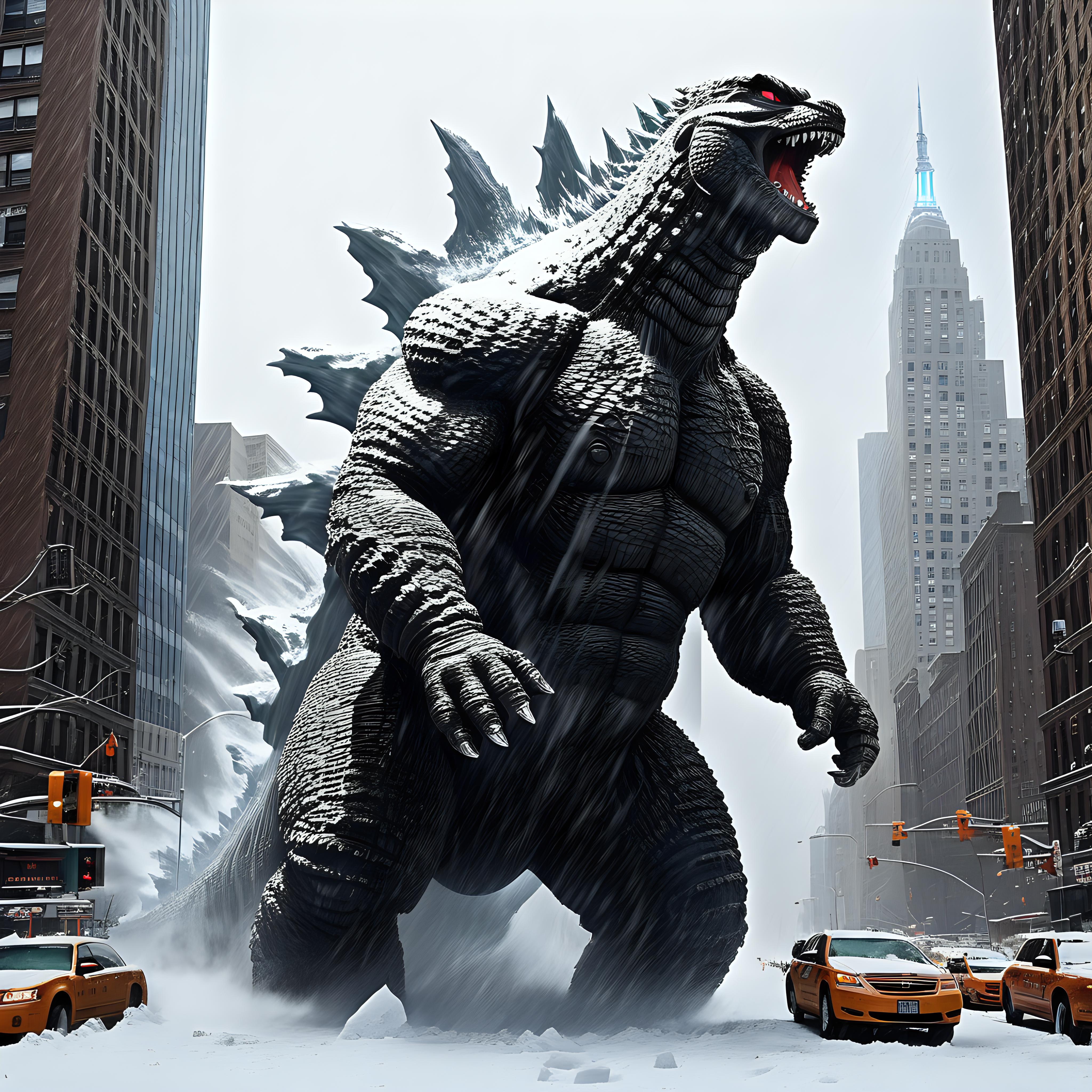 Godzilla destroying NYC in winter snow storm
