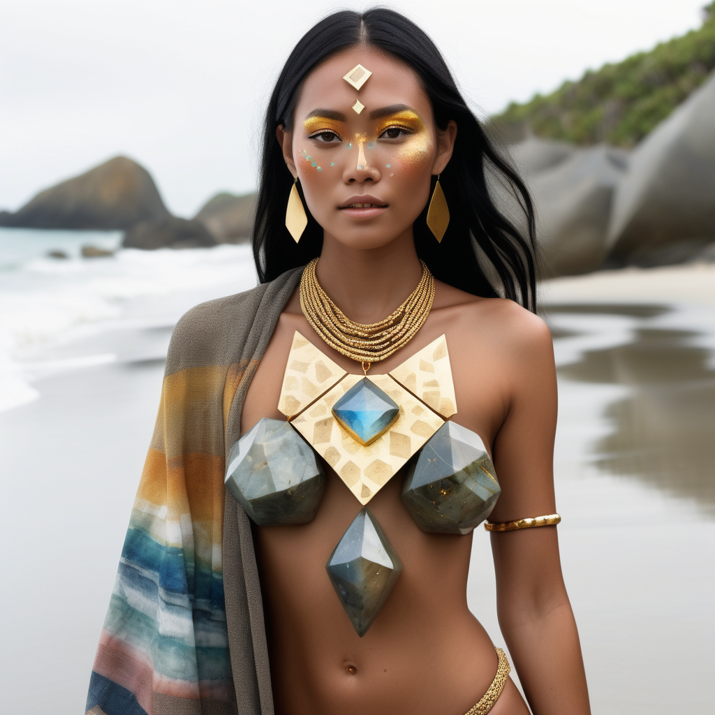 Setting: Beach similar to Thailand
Who: Asian woman visible from head-to-toe with freckles, tribal gold makeup in geometric shapes, beach attire
What: Modeling a large, faceted labradorite, rainbow moonstone, and sunstone and gold necklace