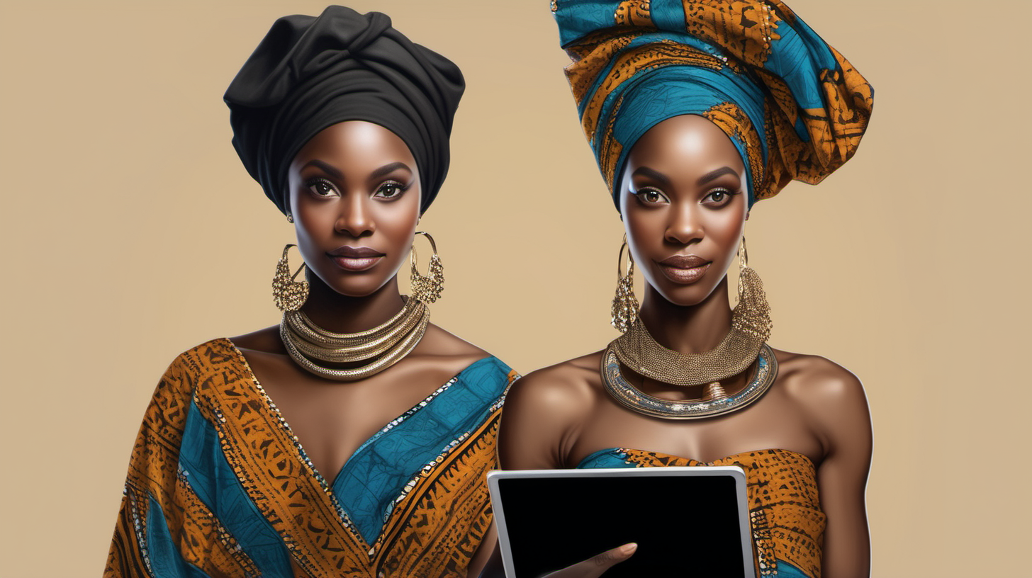 A realistic image of a black American female with nubia skin wearing african dress with head tie holding an iPad 