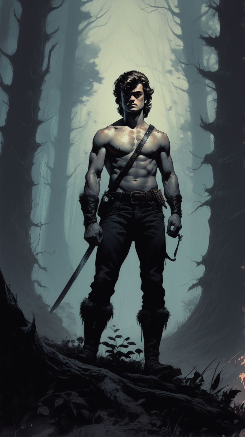 Create a dark fantasy art illustration,  frank frazetta style, of Joe Keery as Steve Harrington, in dark forest.  Close up.