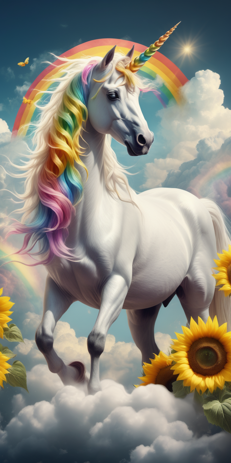 A fantasy unicorn on the clouds with sunflowers and rainbow.