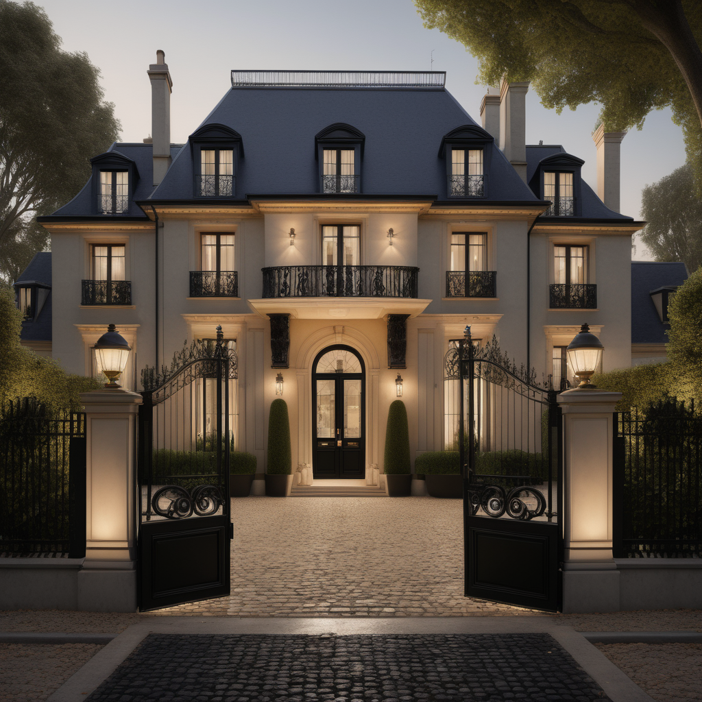 a hyperrealistic of an elegant Modern Parisian estate