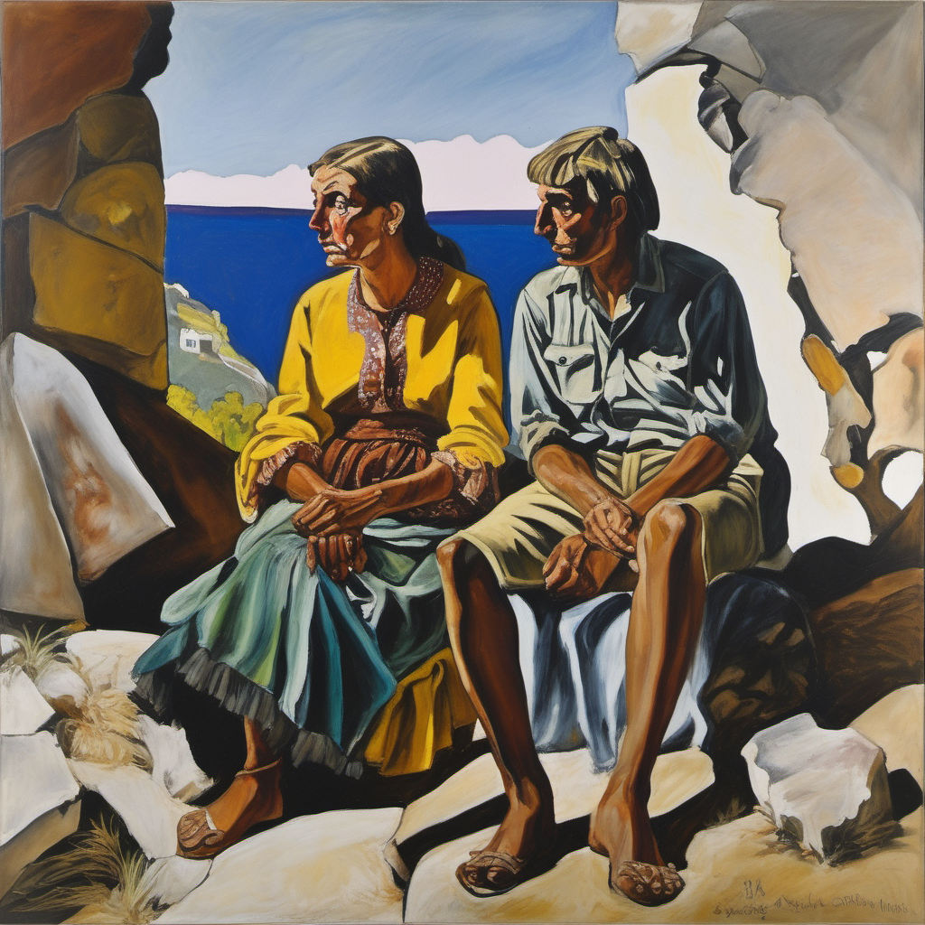 Young German-Indian couple in ancient ruins in Greece, Paula Rego oil painting