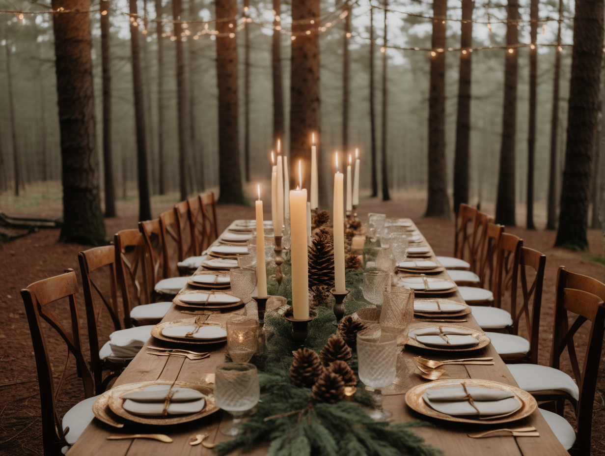 Rustic wooden table and cross back chairs set up for an intimate lunch in the middle of an evergreen pine forest. linen napkins folded under plates on table. Pine cones, beige cheesecloth and grey taper candles in vintage gold candle holders as the table centrepieces. Vintage glass cups and gold cutlery. string lights hung above table. Rustic, Moody, ambient, soft, neutral,  DSLR Photographic style. 