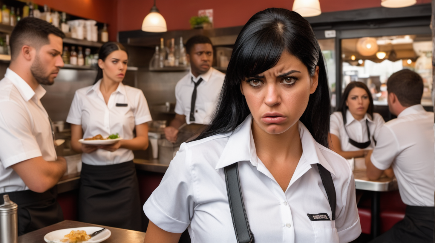 A Latina waitress has black hair is leaving a restaurant that is full of people. She is very angry and tired, she is wearing a white uniform with short sleeves and a black collar and has a shoulder bag