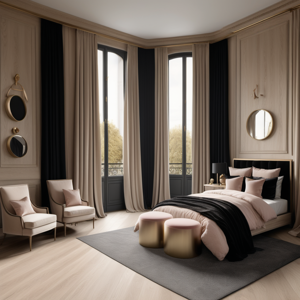 A hyperrealistic image of a grand, Modern Parisian, feminine, elegant, childrens bedroom with curtains,  in a beige oak brass and black colour palette with floor to ceiling windows 