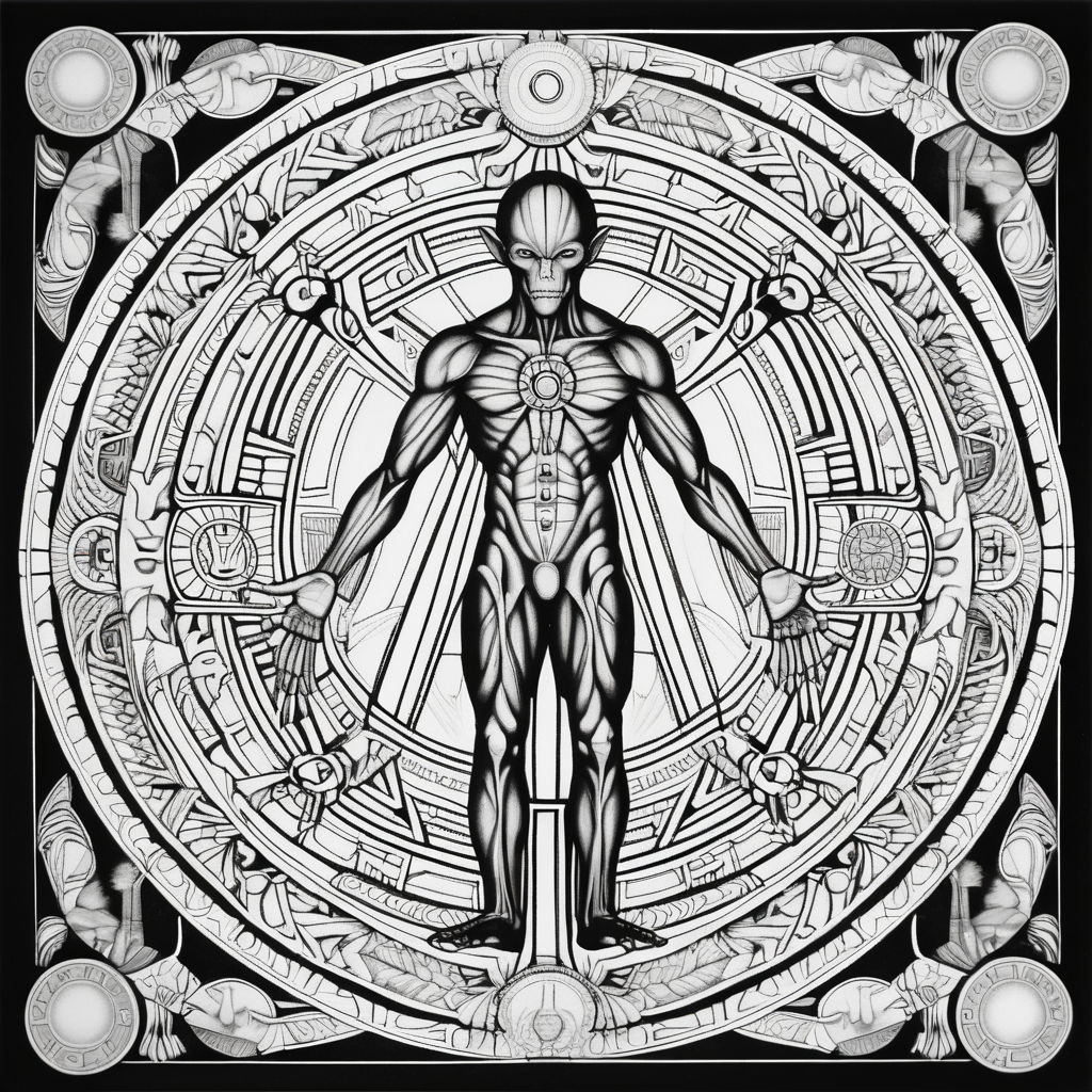black & white, coloring page, high details, symmetrical mandala, strong lines, alien Vitruvian man