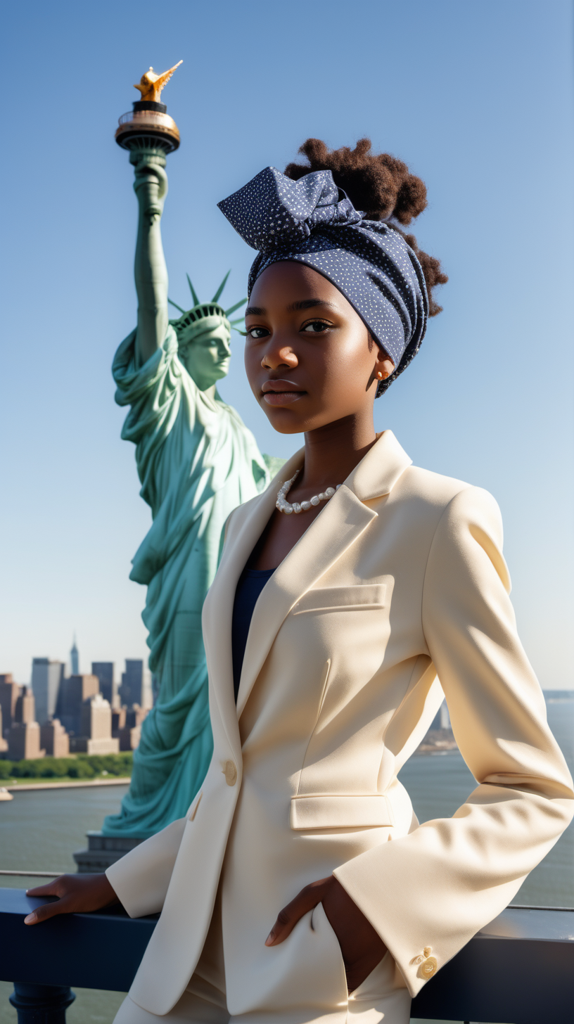 A handsome, intelligent black, female, teenager, wearing an African headwrap, short hair, wearing a cream, blouse, wearing an elegant, string of pearls, Wearing a navy, two piece, women's wool suit, standing on the overlook deck, at the top of the statue of liberty, building, in a luxury, brightly lit, modern day, sunny, in Ultra 4K, High Definition, full resolution, hyper realism
