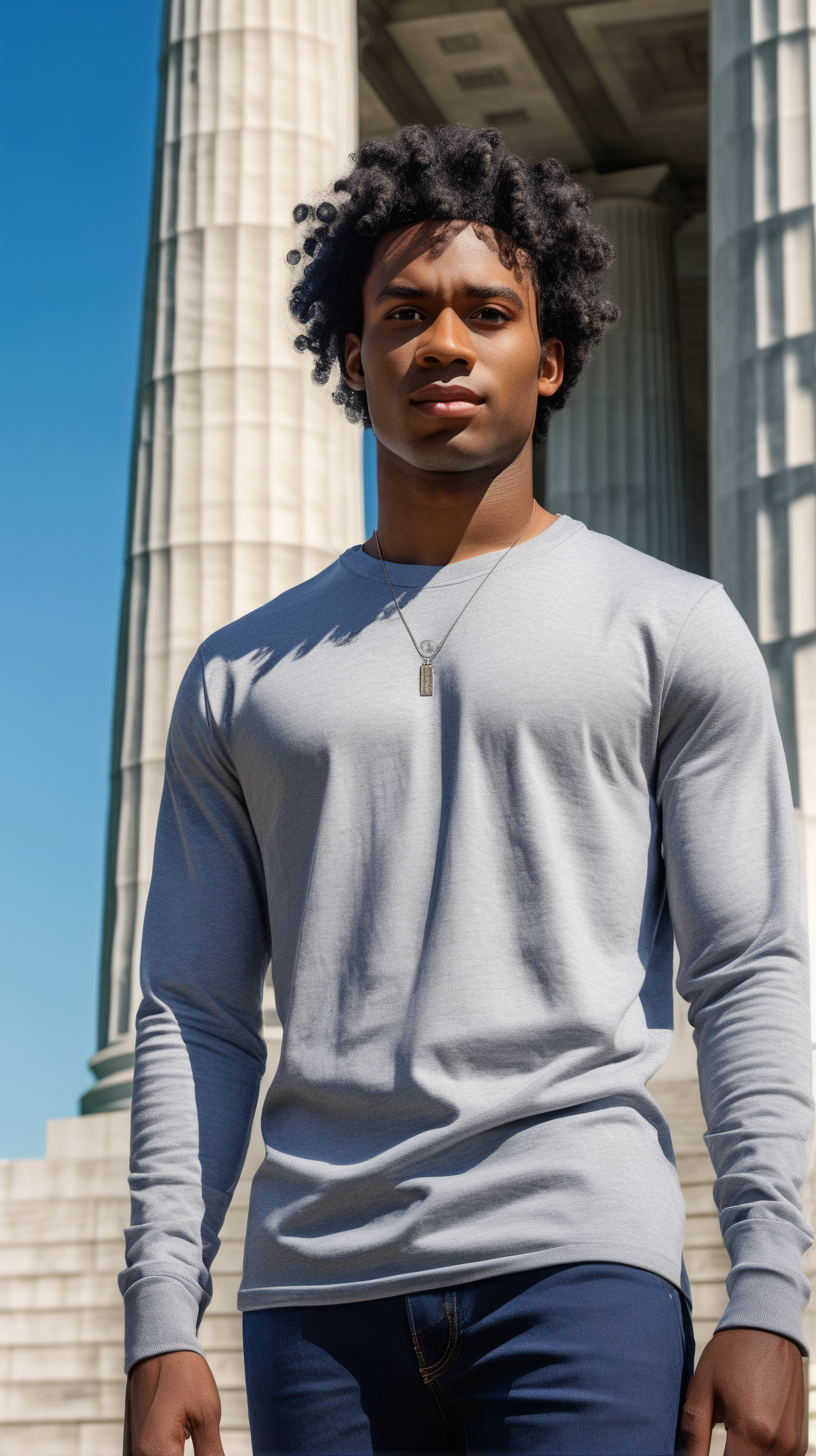 An attractive young black man, wearing curly black hair, facing the camera, wearing a long sleeved, Heather Grey, Tee Shirt, wearing Indigo blue, corduroys, standing in front of the Lincoln Memorial, bright sunny skies, ultra 4k rendering, high definition, full resolution