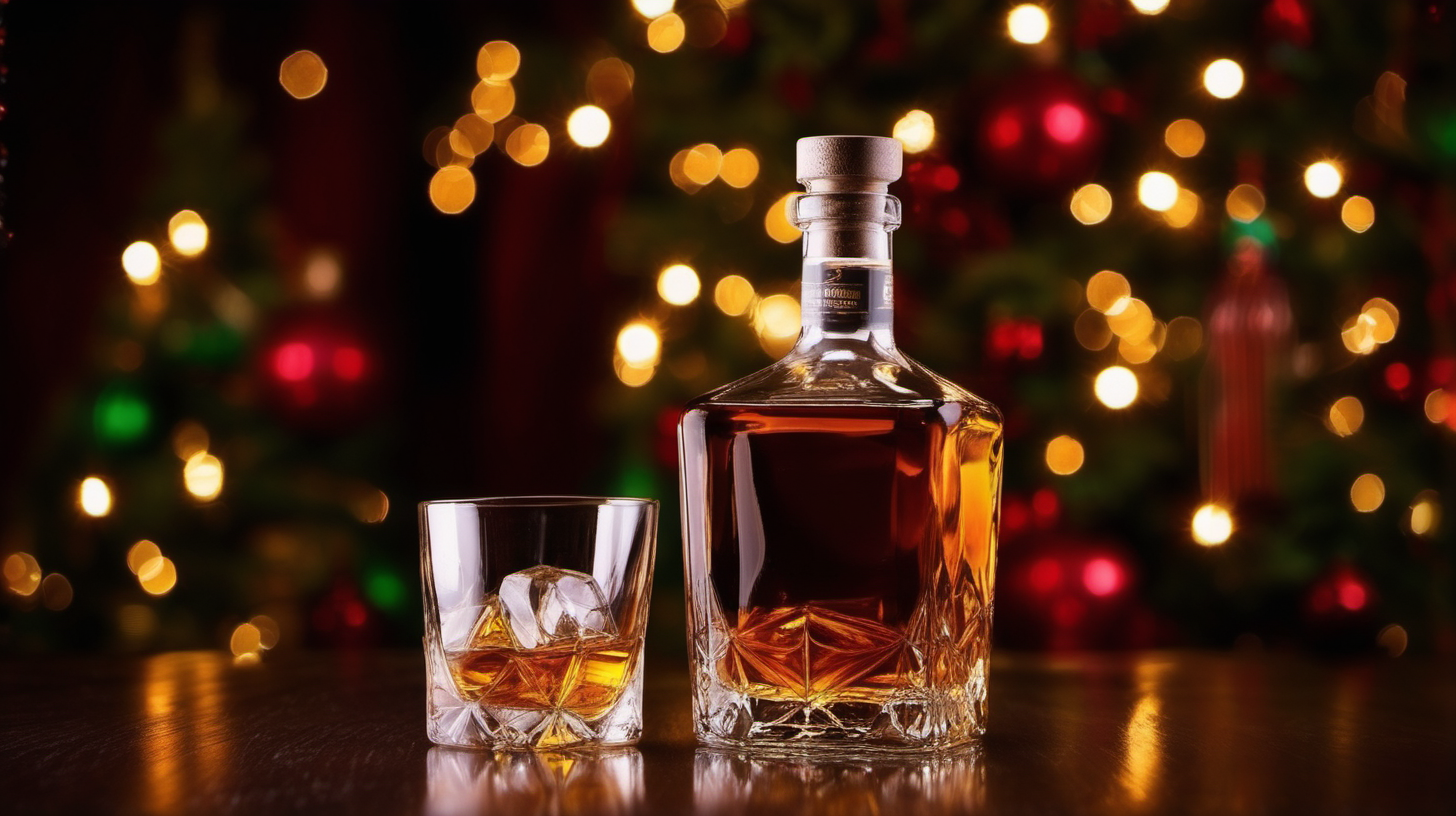 bottle of whiskey and glass in a festive setting