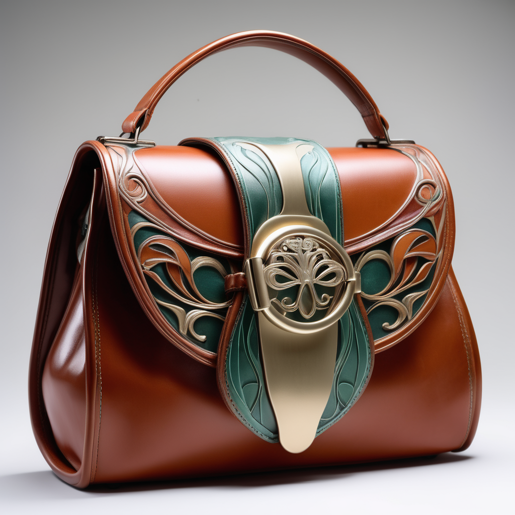 art nuoveau inspired luxury leather bag with flap and metal buckle