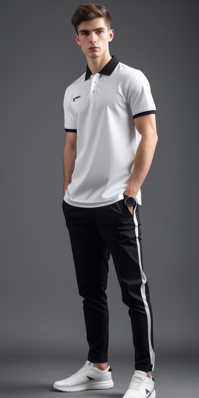 man wearing white short sleeve polo shirt and black sports pants, uniform design,full body, art,  35mm photography, modern fashion, gray backround