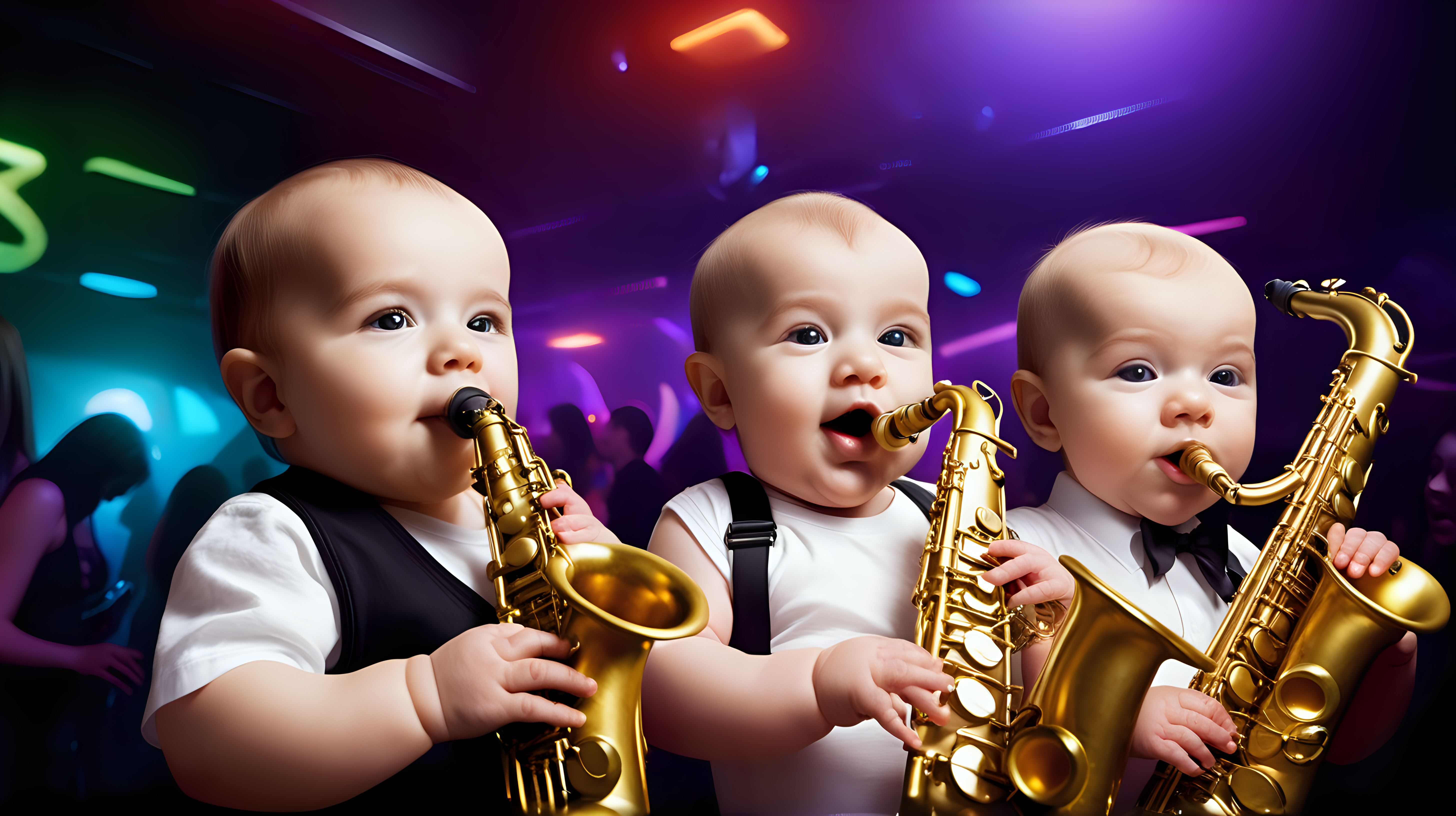 babies playing saxophones in a nightclub
