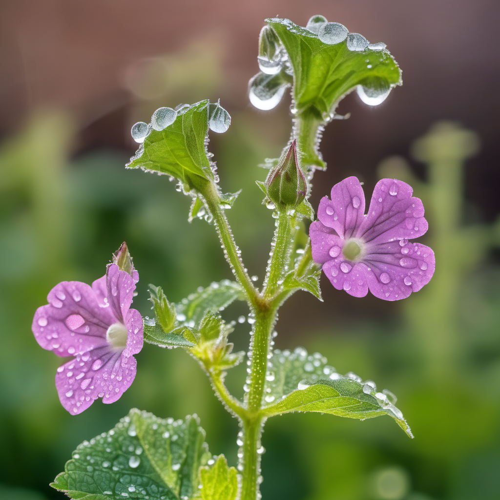 Althaea officinalis plant in the garden with dew drops



