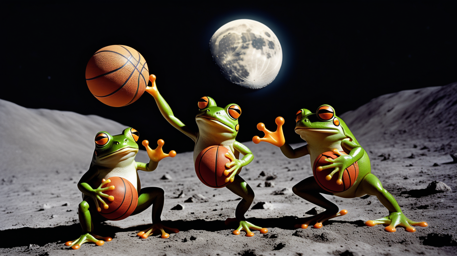 frogs playing basketball on the moon