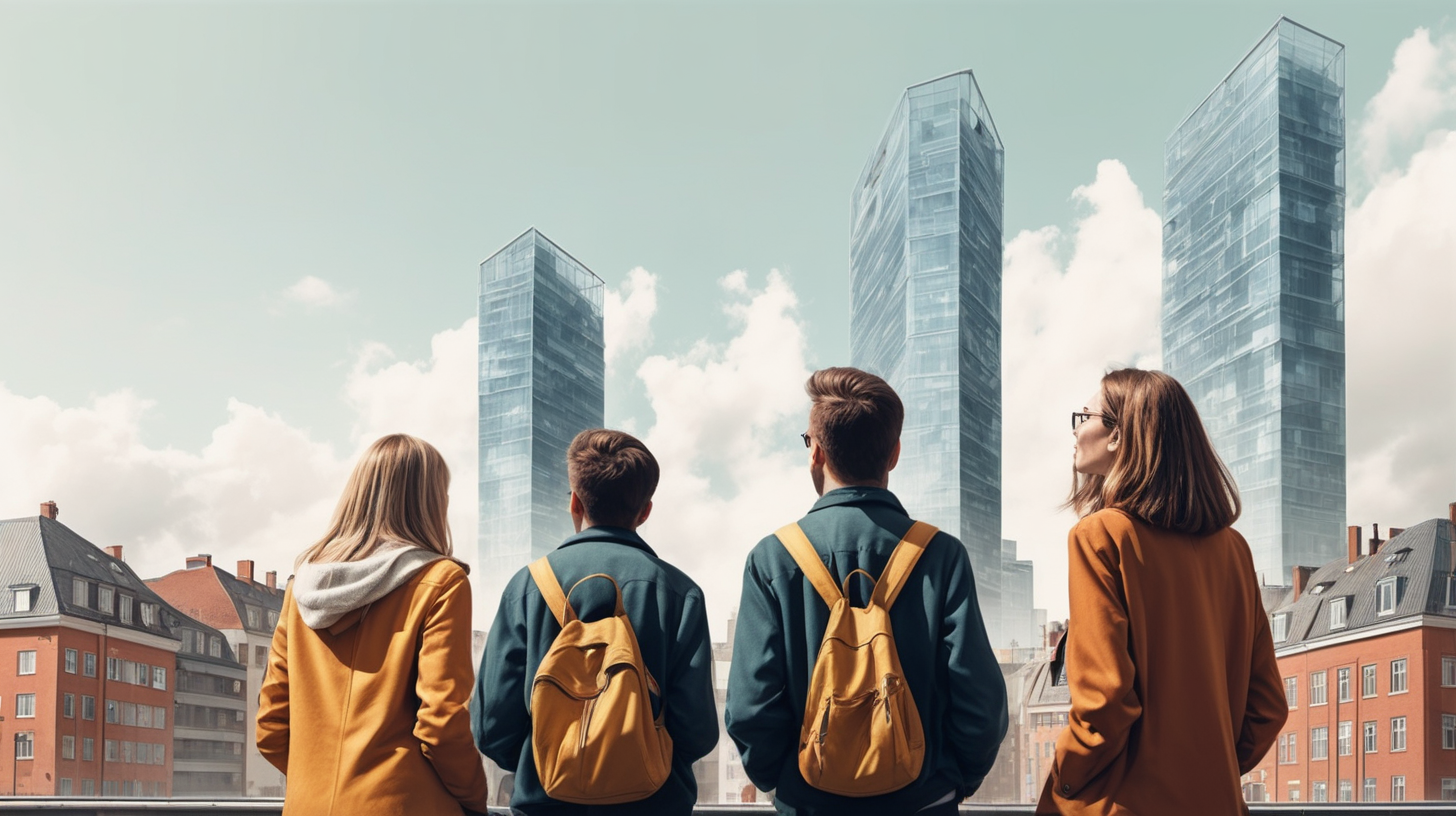 The image is spliited in two part. On the top, it is empty. On the botton, we see a group of adults in a modern and joyful city. They are looking at the buildings .