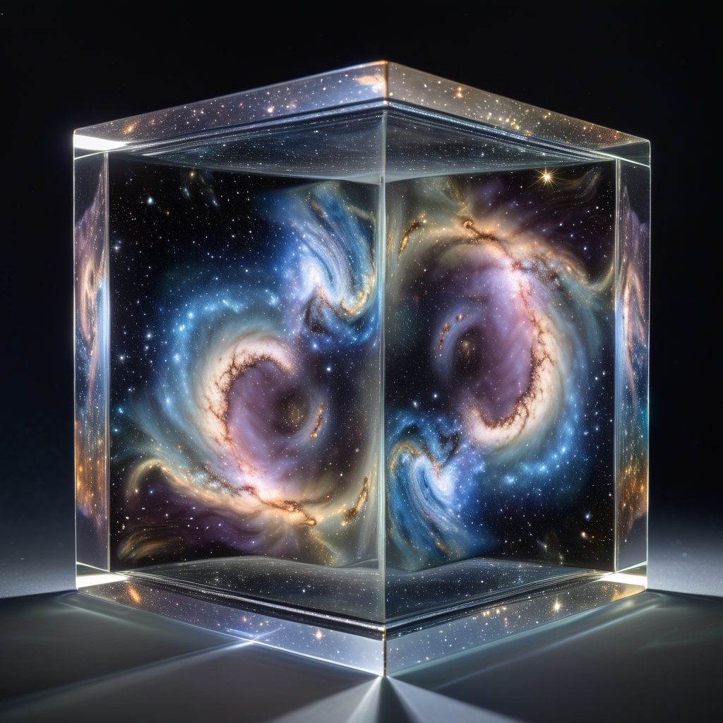 Spiraling galaxies and stardust seen through a three dimensional glass cube