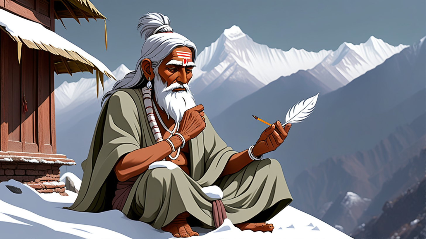 An ancient indian sage is sitting on the verge of Himalayas and mist of the snow in winter season the sage is writing with a feather and writing on a plan leaf