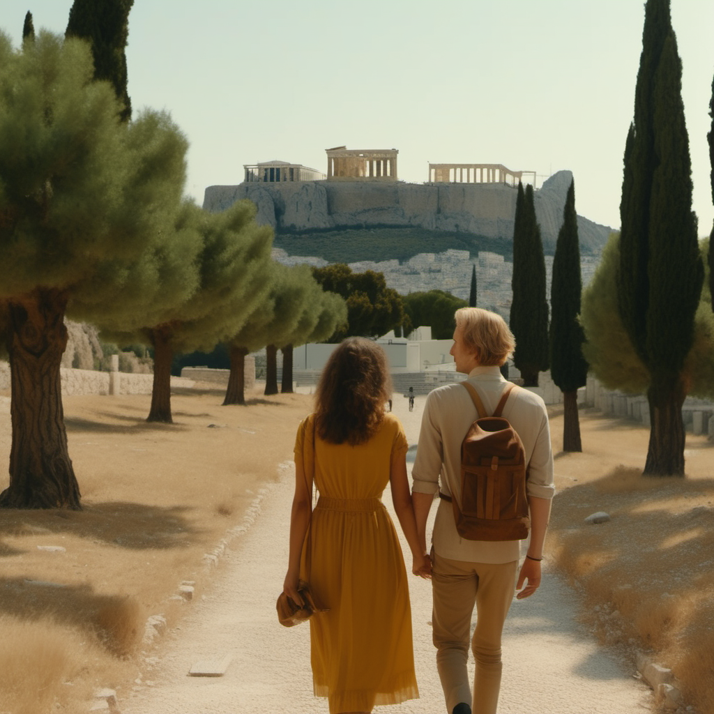Young German-Indian couple wandering through Athens, a glimpse of Acropolis and olive trees in the background, Wes Anderson cinematic setting