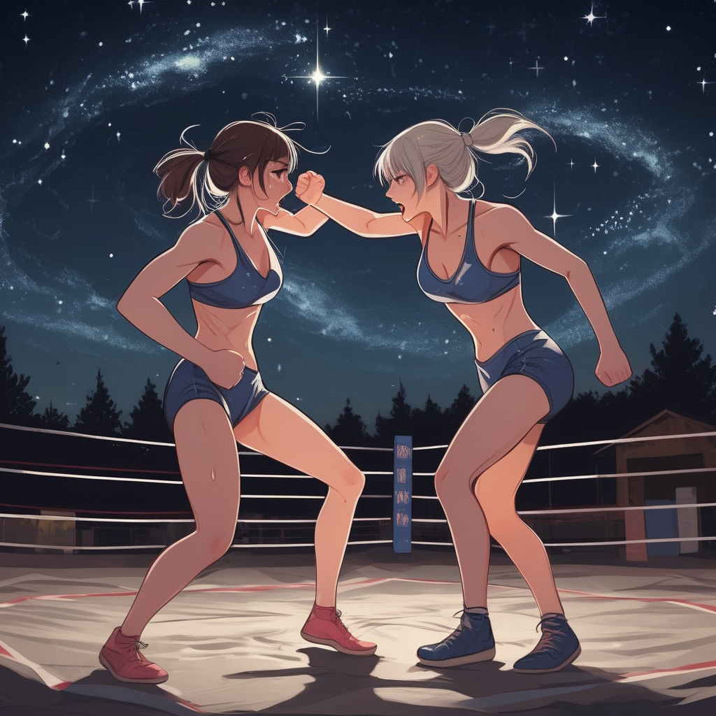 thin girls fighting and wrestling under the stars