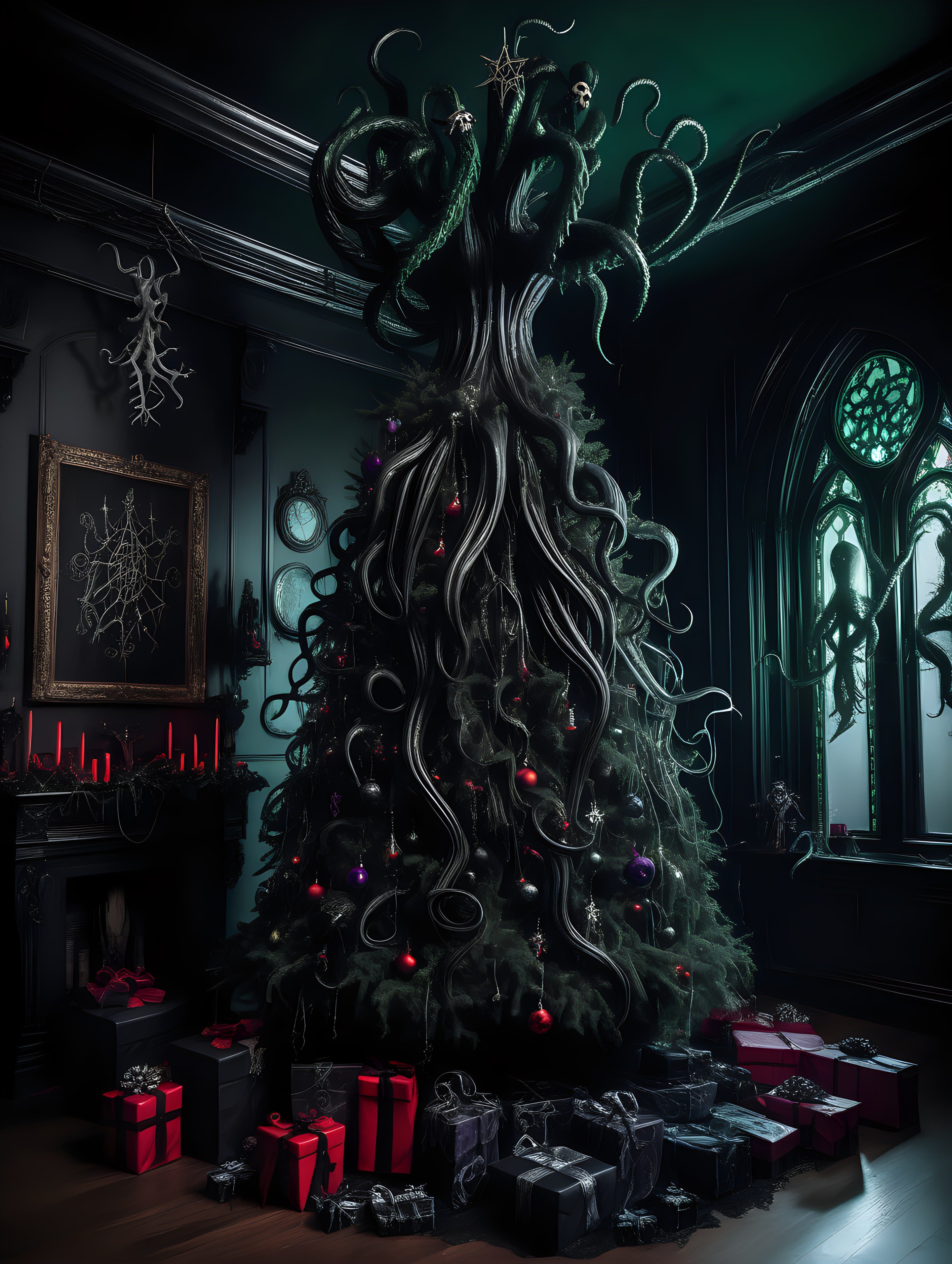 A dark gothic Christmas tree in a dark