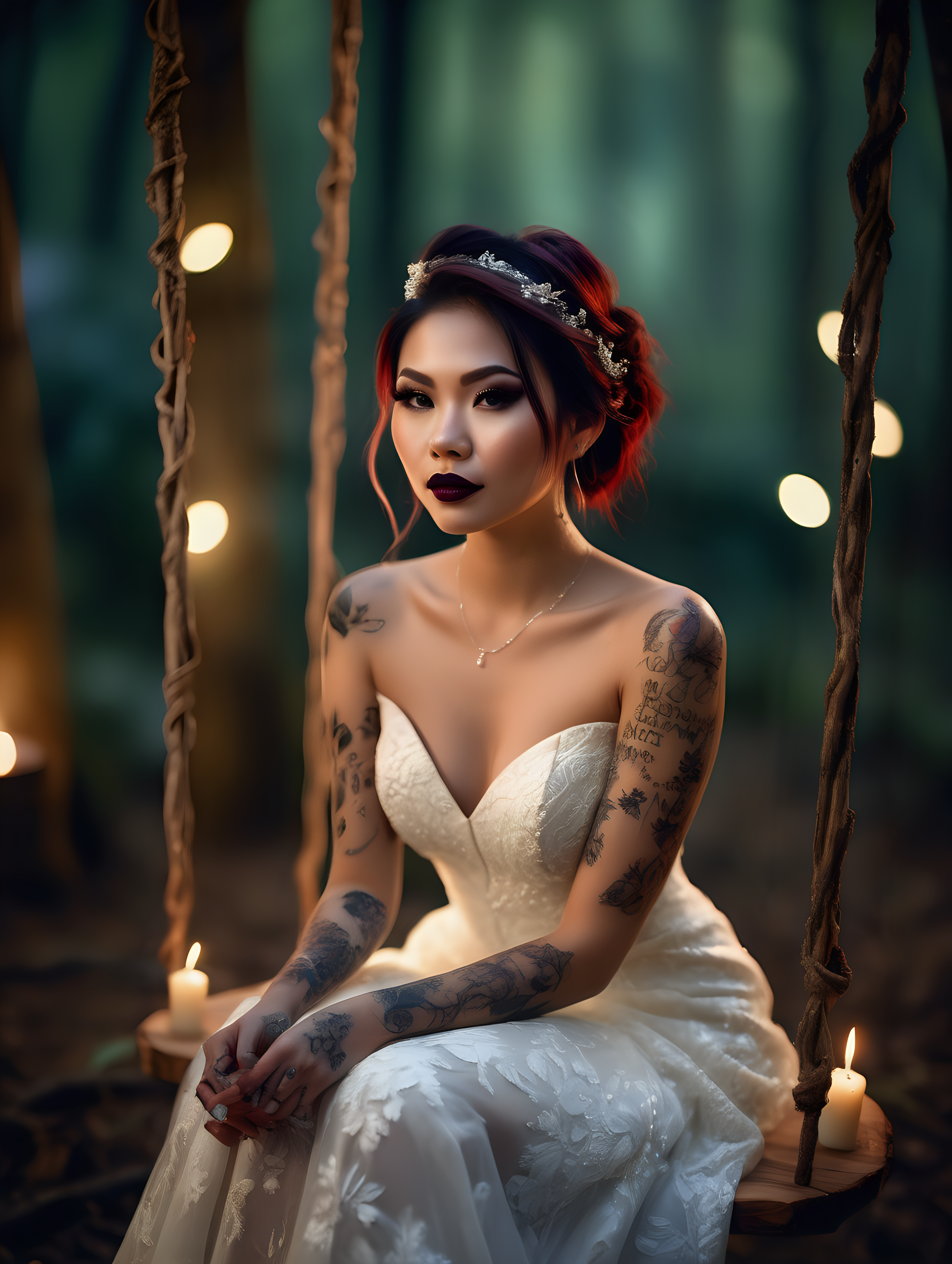 Beautiful Vietnamese
woman, body tattoos, dark
eye shadow, dark lipstick, hair in a messy updo, wearing a gorgeous wedding dress, sitting in hand carved tree swing, bokeh background, soft light on face, standing in front of elaborate candlelit forest wedding, photorealistic, very high detail 