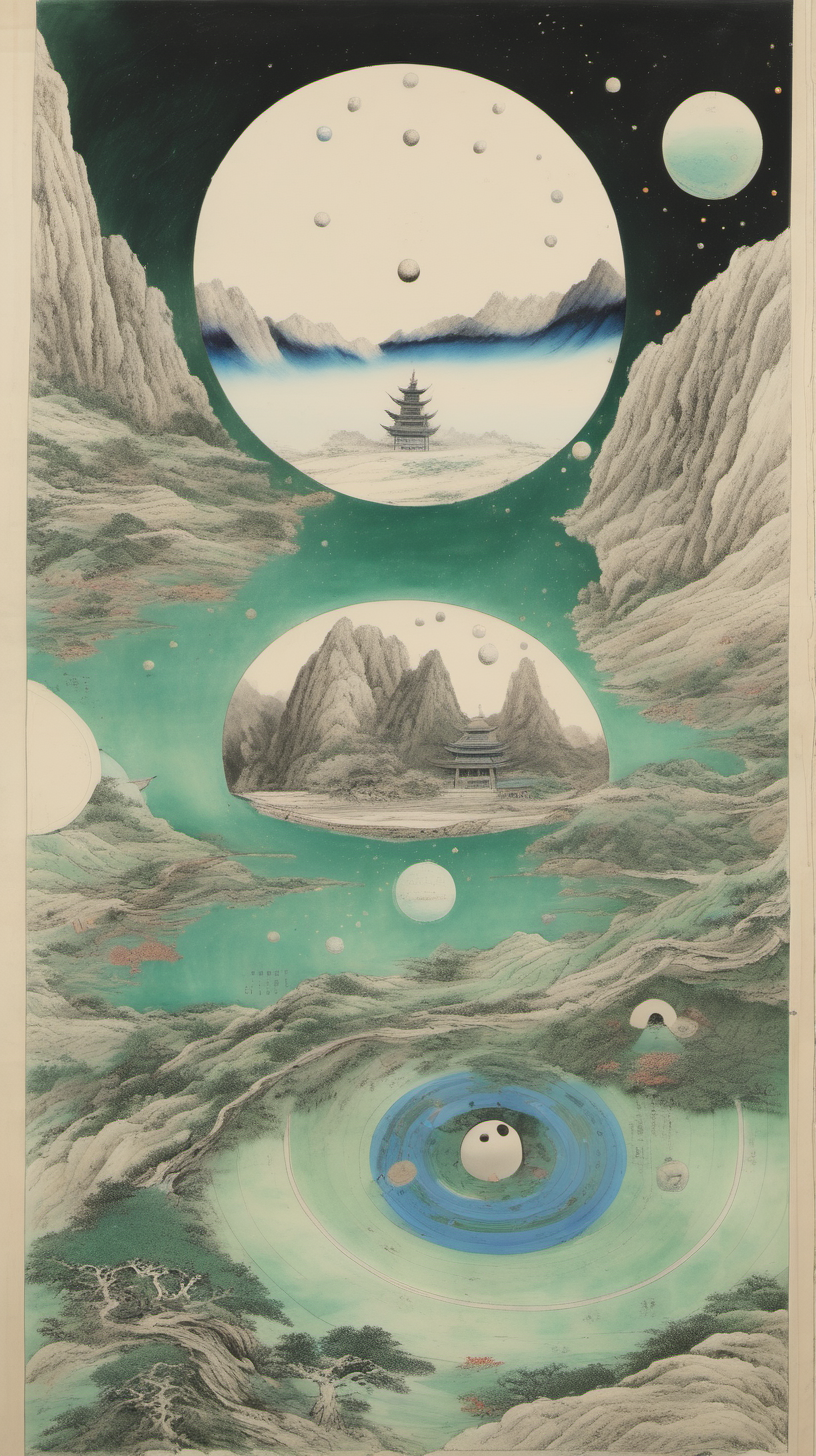 chinese gongbi drawing, with traversable wormhole, other worldly scenery, cosmos, quail eggs, greenblue mountain,blackhole, underground