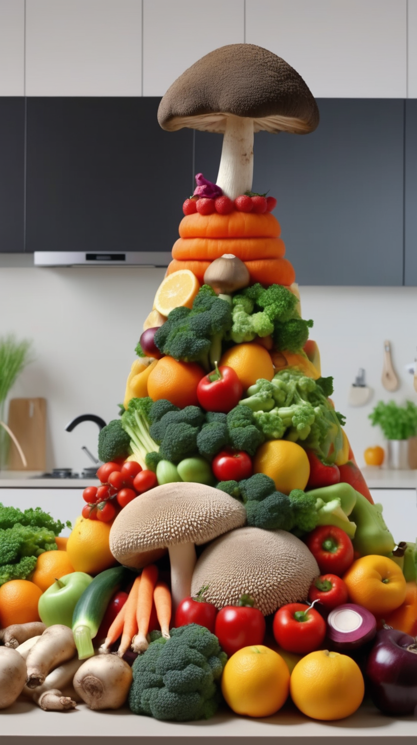 pyramid of fruit and veg with a lions mushroom at the top of it in a kitchen; colourful and bright 4k