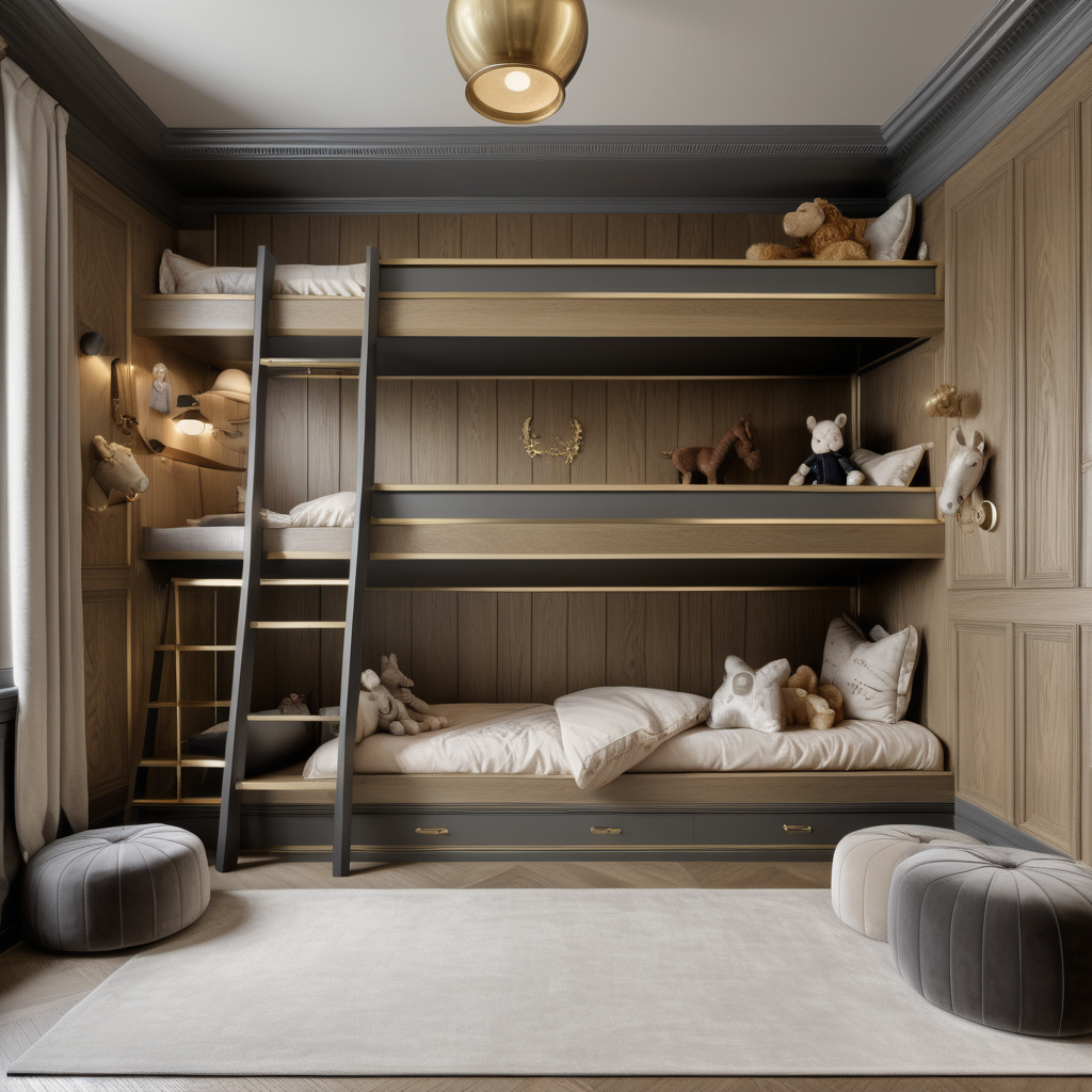 hyperrealistic image of a modern Parisian large childrens room with a built-in bunk bed; oak wall panelling with beige and grey equestrian wallpaper ; beige, oak, brass and dark-grey colour palette