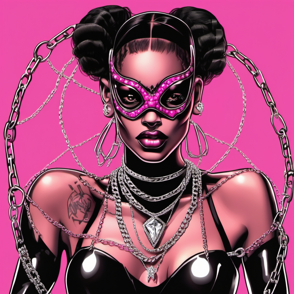 cool street wear spider woman in pink and black with diamond chains and hoop earrings
