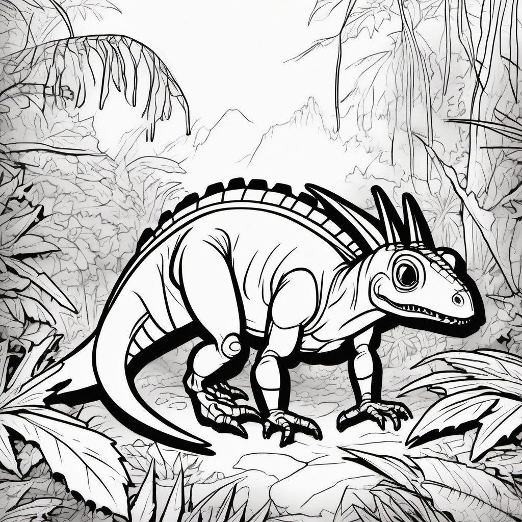 Ant dinosaur, deep in the jungle, dark lines, no shading, coloring pages