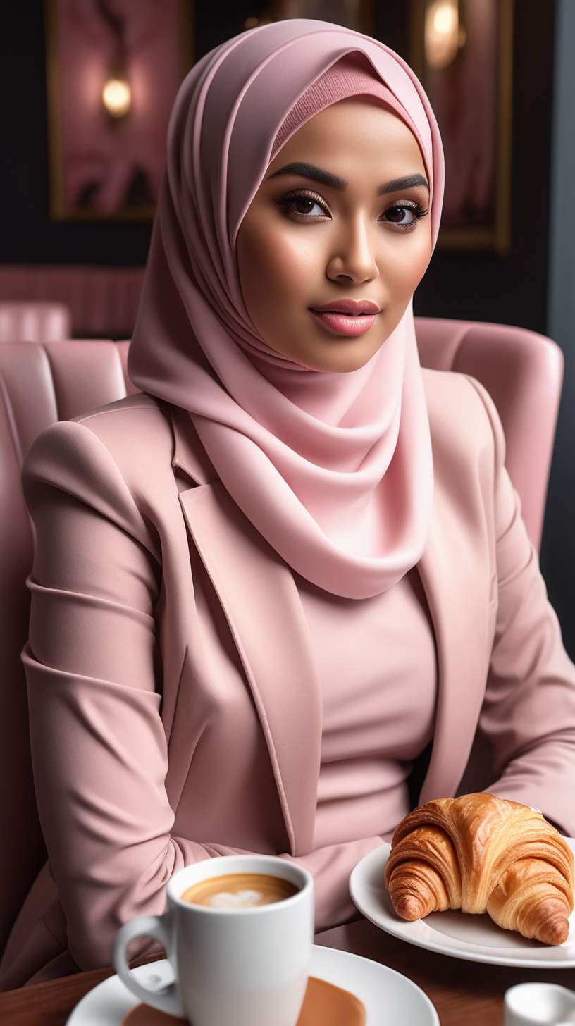 a wide shoot of a malay woman hijab, detail face smooth, mix look American, wearing outfit rockers, sitting at her chair with croissant and salted caramel coffee setting up in table very luxury soft pink theme, realistic, 8k, taken from dslr nikon, instagram style, extremely delicious look, 