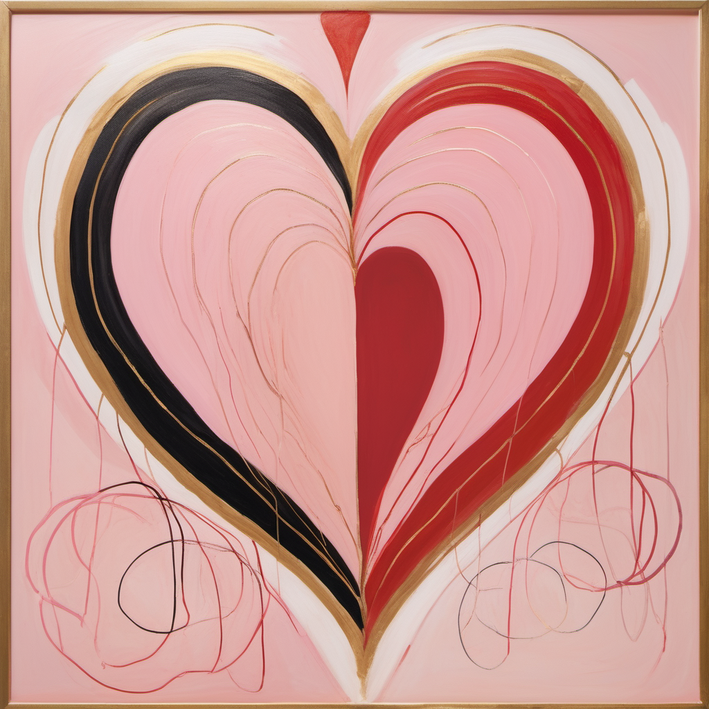 Create a heart central to the composition, made with any version, or combinations of pink and red. The color palette of the piece should include gold, possibly gold leaf, earth colors, and some cool colors to make the warm colors in the heart stand out. Create this painting in the style of hilma klint.