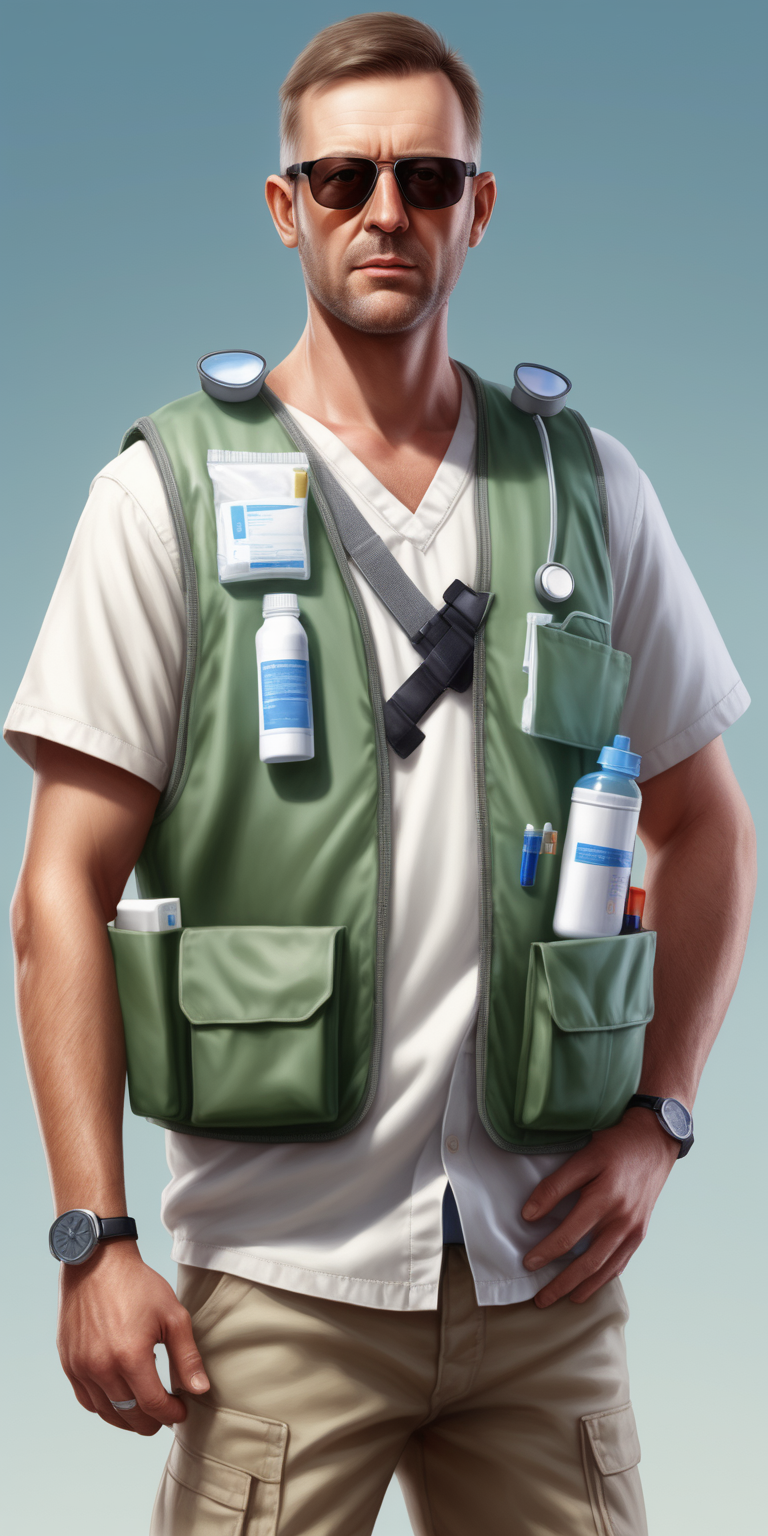 Realistic australian man with a med kit wearing a vest and sunglasses