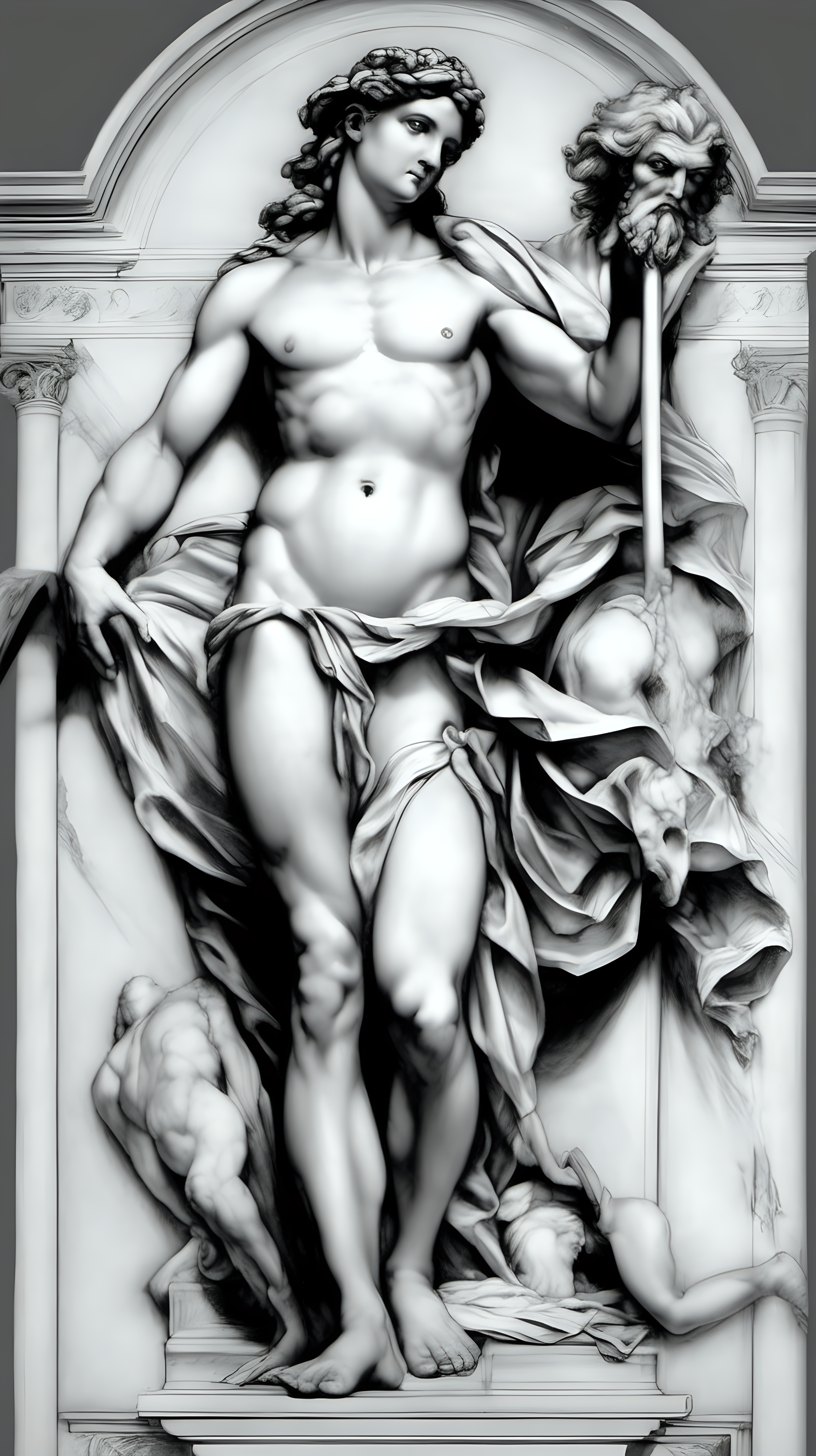 /imagine prompt : a hyper realistic black and gray Michelangelo drawing, feauteted a beautiful aphrodite and great zeus above her,god & godess greek mytology
/describe :  full body, standing ,whole subjects in the box.
-no cut
<background>white papaer
<style>pencil drawing
_ar 9:16