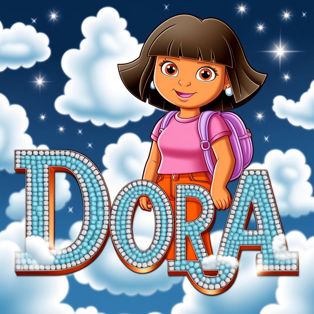 prompt: spell out the name DORA in rhinestone in the sky with clouds without cartoon image