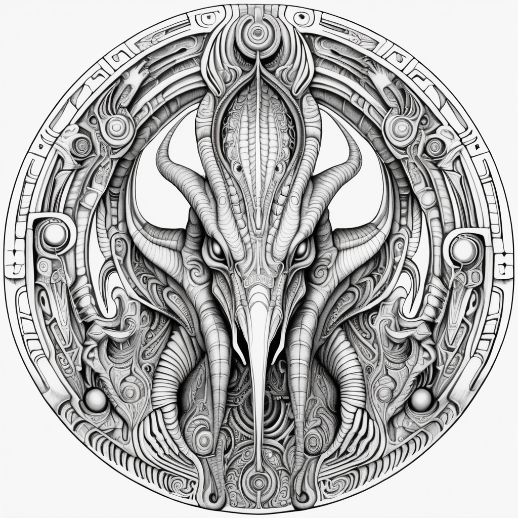 black & white, coloring page, high details, symmetrical mandala, strong lines, Parasaurolophus with many eyes in style of H.R Giger