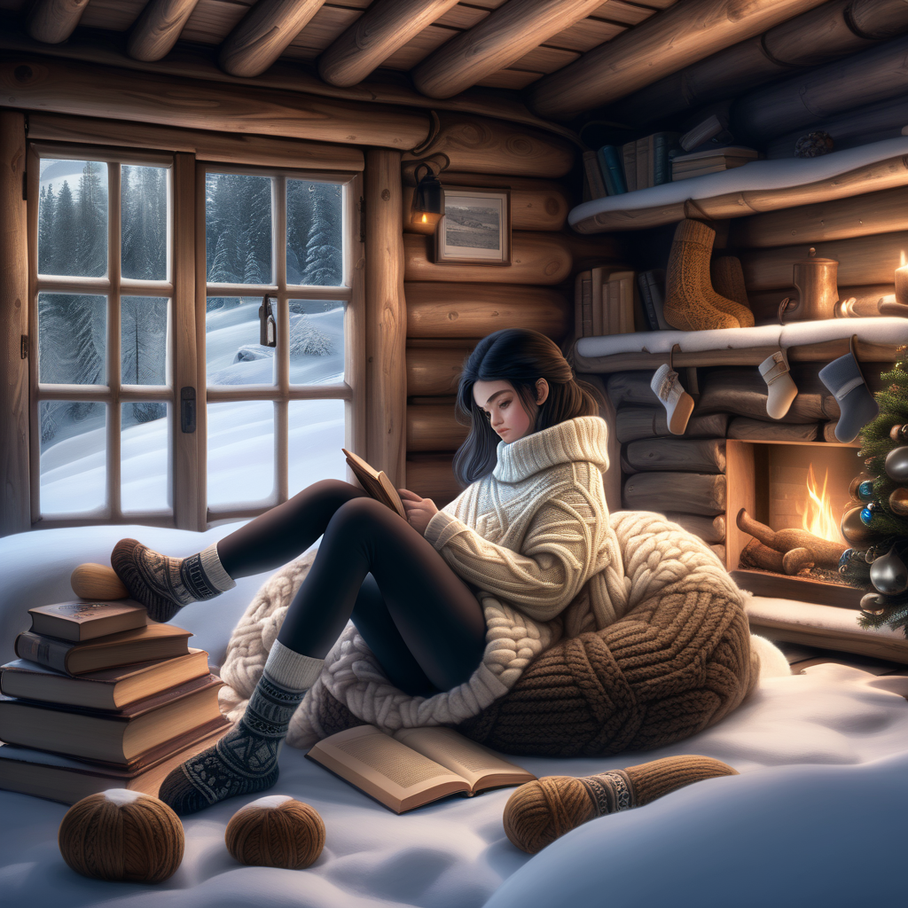 Deep winter and lot of snow outside. Its dark night - only yellow moon on sky and few blinks of light in the snowy tree crowns. Inside cozy wooden winter cabin hot girl with black hair and green eyes lay on wooden low bed covered with brownish soft and mossy lamb skin. There is a big and hot stone fireplace.  Bed is covered with knitted woolen blankets in brown and white. Girl wearing black leggings tights, wrinkled knitted white and brown woolen socks. White without sleeves thick and coarsely woven sweater, knitted woven handmade slippers. Around laying some sci-fi books, unfinished knitted socks - many pairs. Near the wooden door with small windows are thick rubber boots, shotgun, shells, big knife.