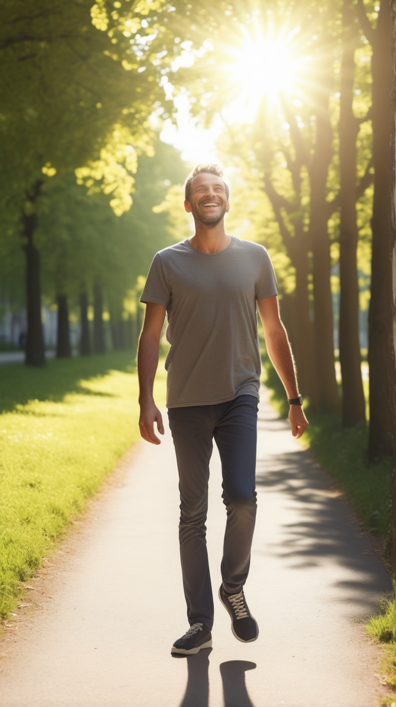 man taking a walk looking happy with the sun radiating from him 4k