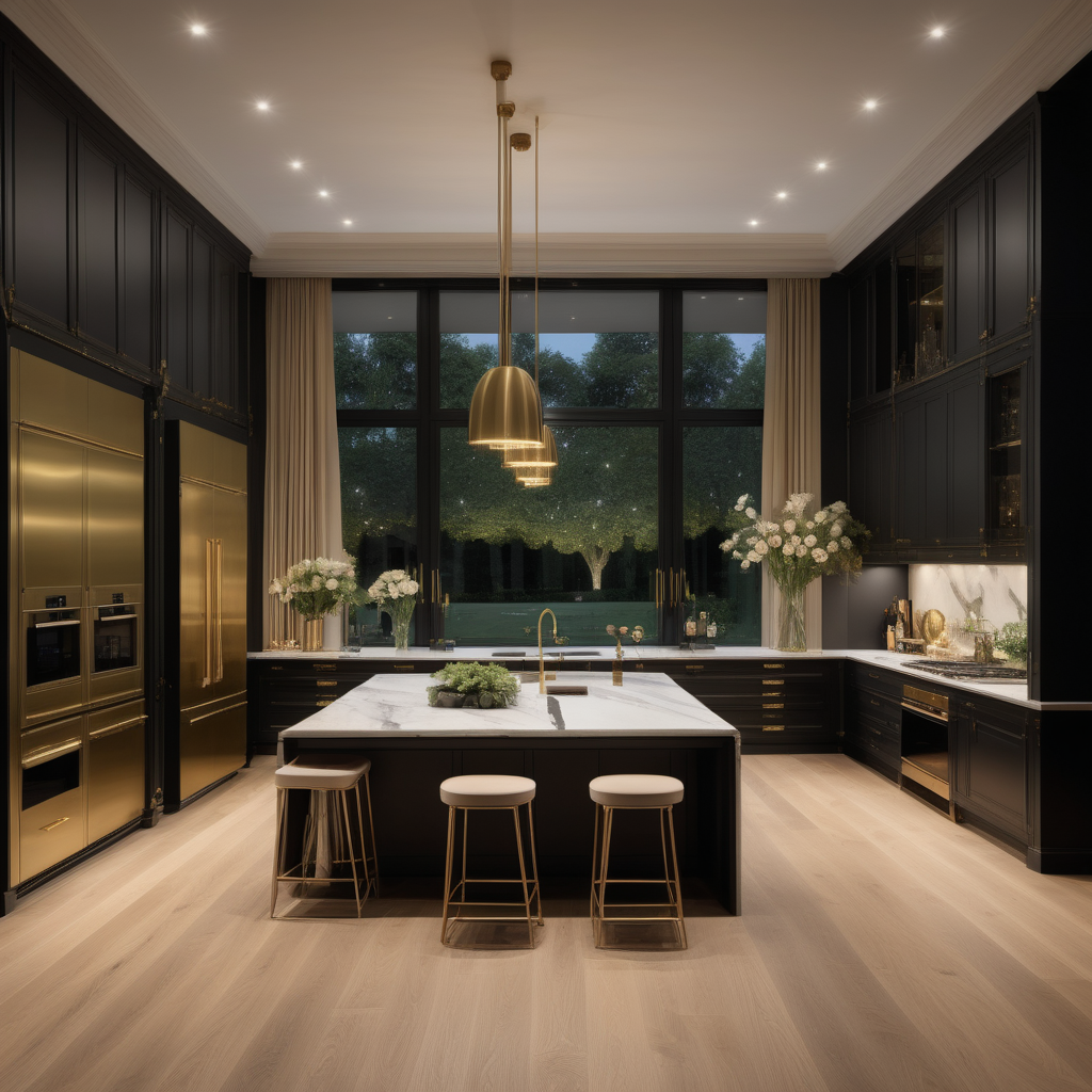 hyperrealistic of an elegant, paltial modern Parisian kitchen with large double island at night; oak flooring; floor to ceiling windows with a view of the sprawling lush gardens; curtains; mood lighting; beige, oak, brass and black colour palette; modern brass pendant light; rug; 
