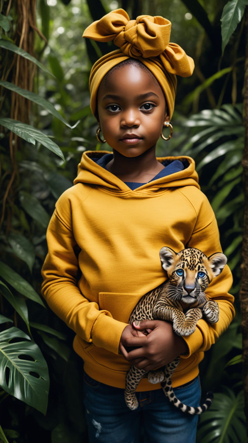 A pretty, little black girl wearing an african print head wrap, wearing a mustard hoody, and indigo blue denim jeans, standing in a lush jungle, holding a panther cub,