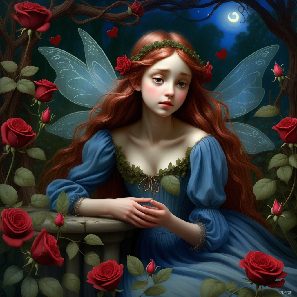 /envision prompt: "Whimsical fairy valentines" envisioned as a stunning oil painting in the style of the Pre-Raphaelite Brotherhood, drawing inspiration from John Everett Millais. The fairies, with intricate details and flowing garments, grace a moonlit glade surrounded by blooming roses and heart-shaped vines. The color temperature leans towards cool, moonlit blues and rich, deep reds. Each fairy's expression reflects a poignant emotion, from wistful longing to tender affection. The lighting casts a romantic glow, emphasizing the ethereal beauty of the scene. The overall atmosphere resonates with a timeless and melancholic romanticism.--v 5 --stylize 1000