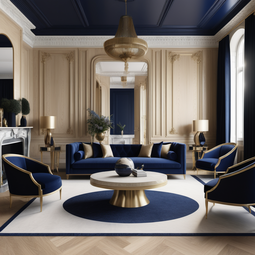 a hyperrealistic image of a palatial Modern Parisian   in a beige oak brass navy blue and black colour palette