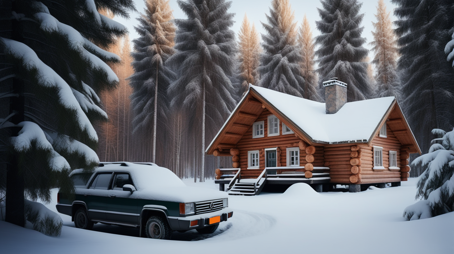 A cozy snowcovered log cabin nestled amidst the