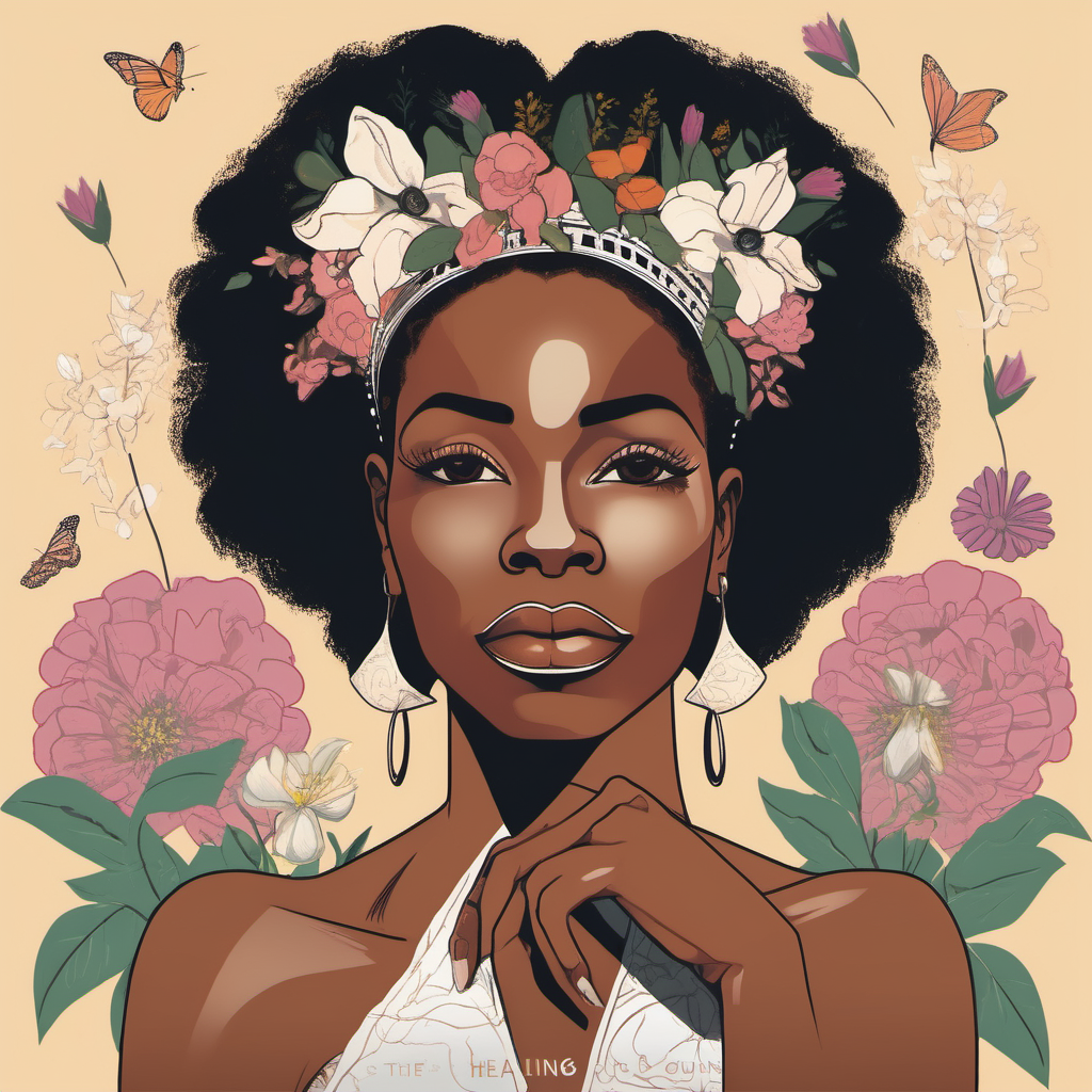 Gentle illustration of a beautiful African American queen eye slanted big lip light makeup. in a thoughtful pose surrounded by flowers, tagline: "Healing Queens: Nurturing the Soul."
