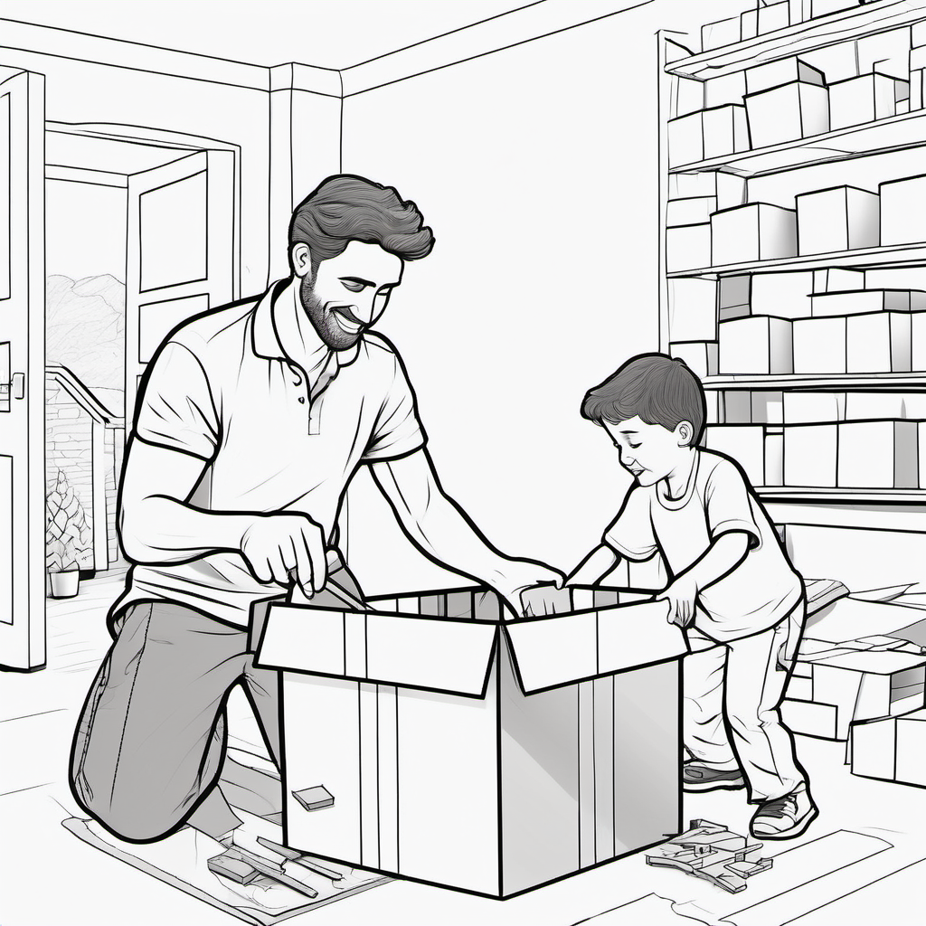 create an image without color for kids' coloring book of a man and his son loading a track with boxes
