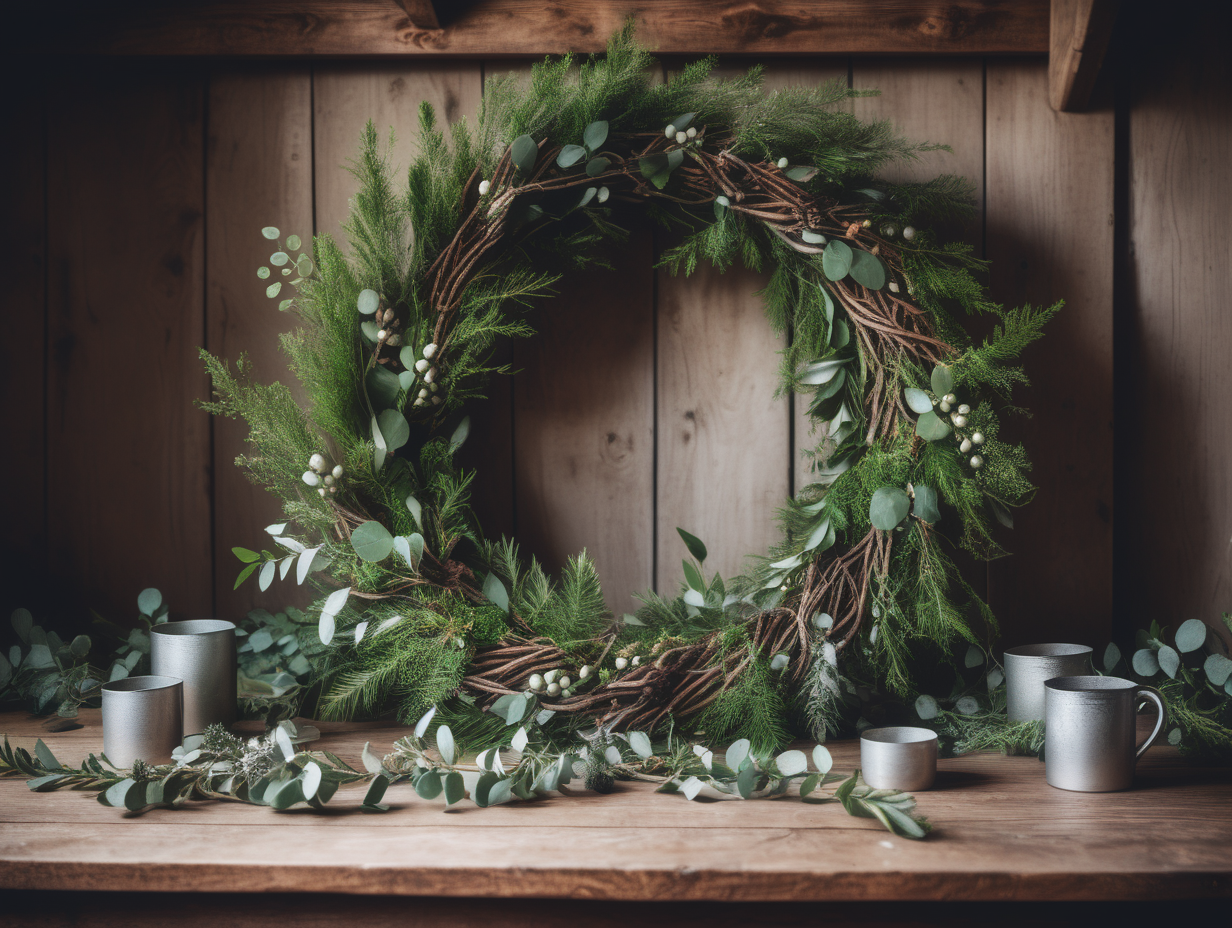 DIY wreath and garland laying on table made from branches, shrubs and greenery on a rustic wooden table in a cottage. ambient, DSLR photography style, artistic angle 