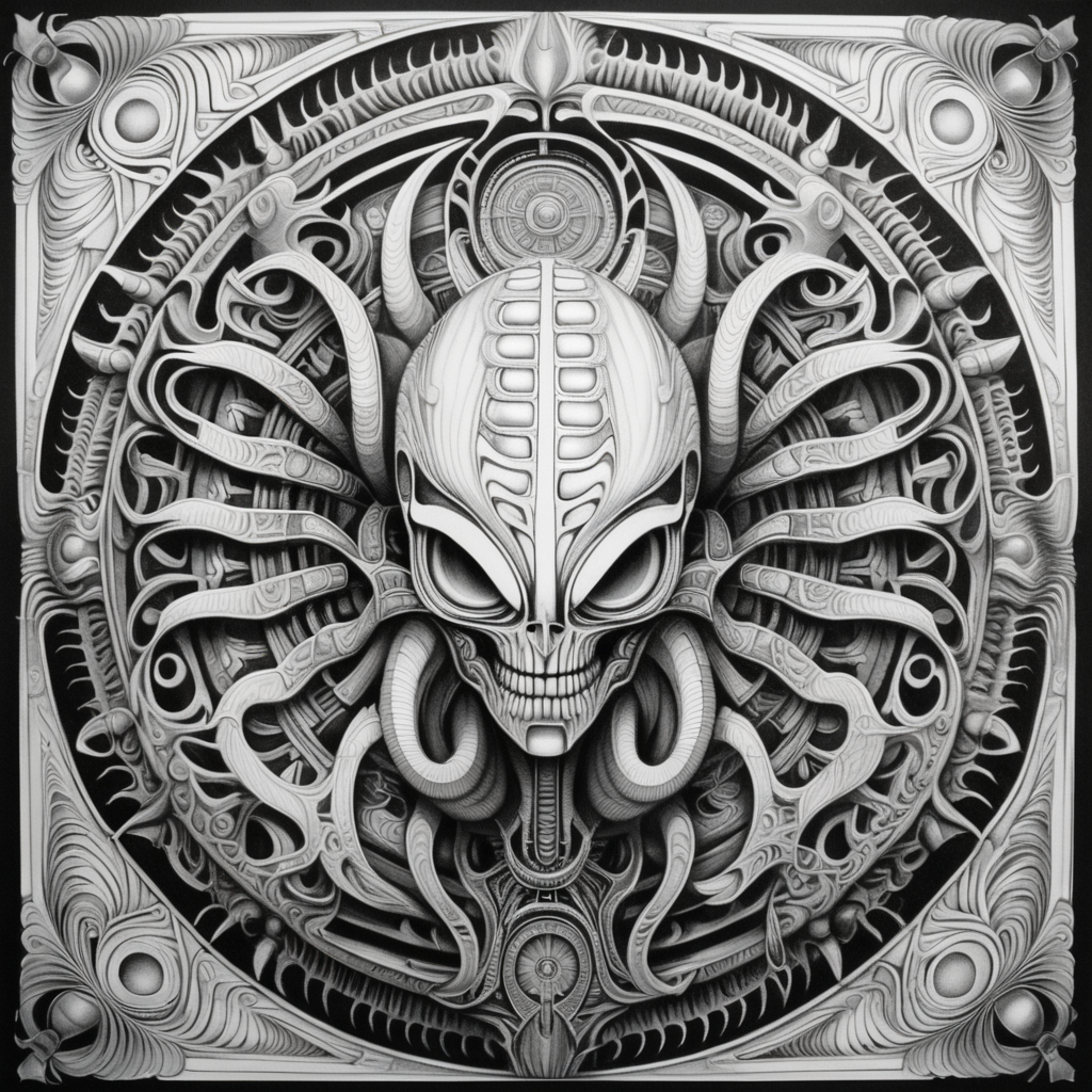 adult coloring book, black & white, clear lines, detailed, symmetrical mandala, in style of H.R Giger