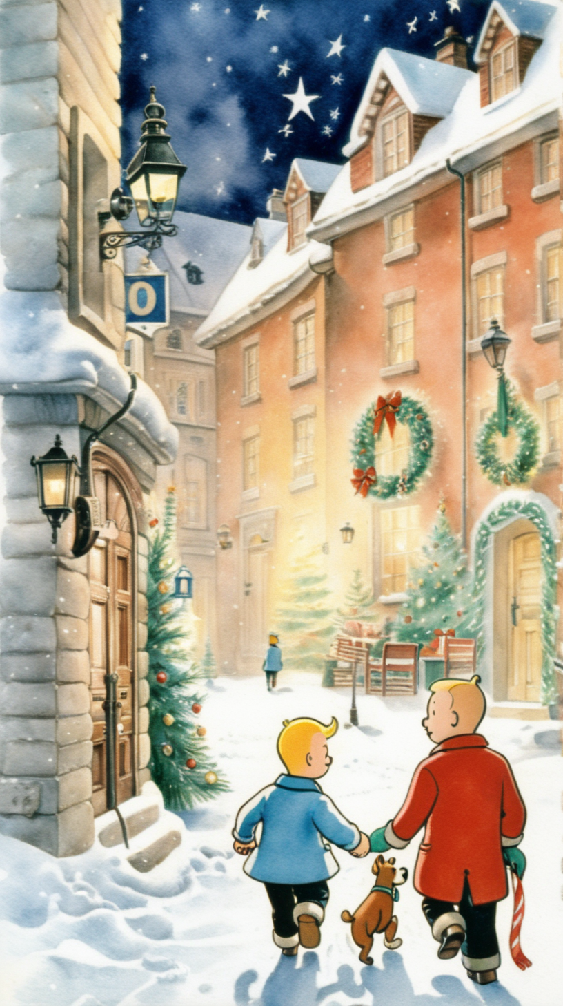 Tintín y mili,, ambiente navideño, estilo Tintin,acuarela